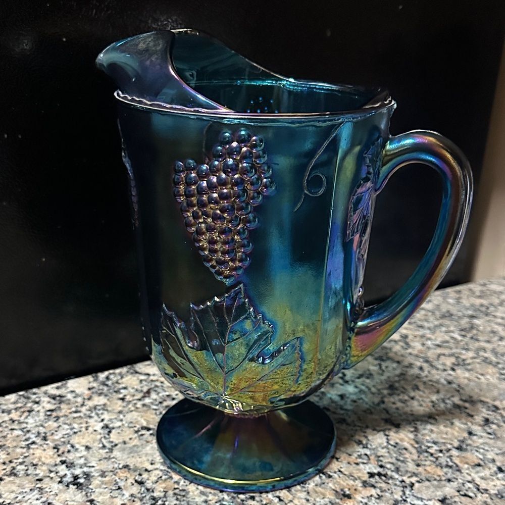 Vintage Carnival Glass Large Water Pitcher Blue Grapes